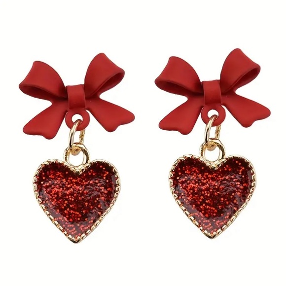 Jewelry - Sparkling Red Heart Enamel Glitter Bow Stud Earrings